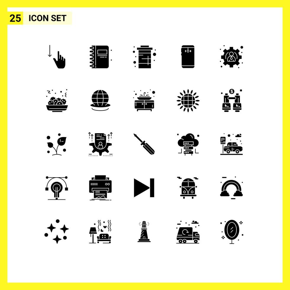 Pictogram Set of 25 Simple Solid Glyphs of camera smart phone open book phone soda Editable Vector Design Elements