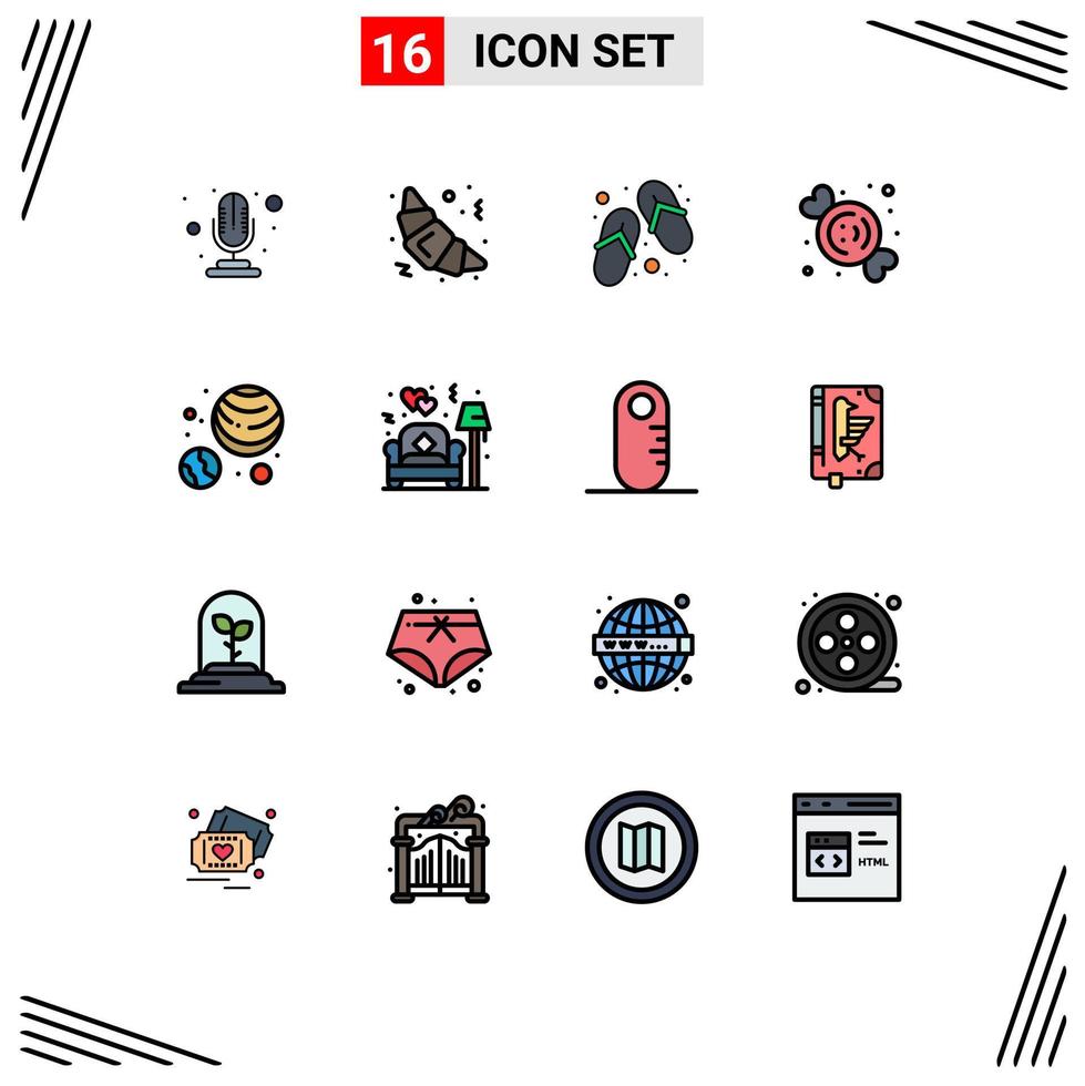 16 Thematic Vector Flat Color Filled Lines and Editable Symbols of couch galaxy slippers planets astronomy food Editable Creative Vector Design Elements