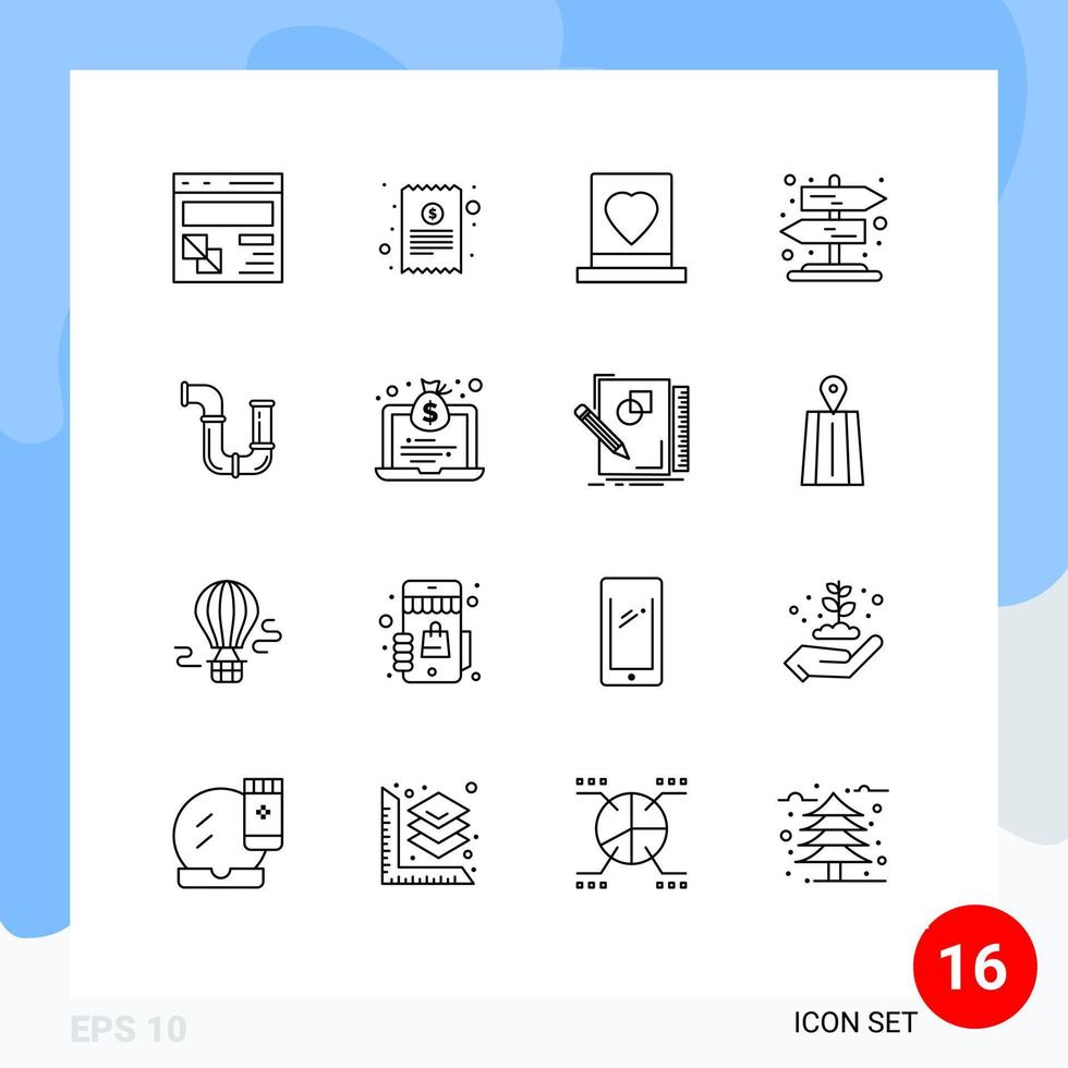 Editable Vector Line Pack of 16 Simple Outlines of pipe rural finance road marriage Editable Vector Design Elements