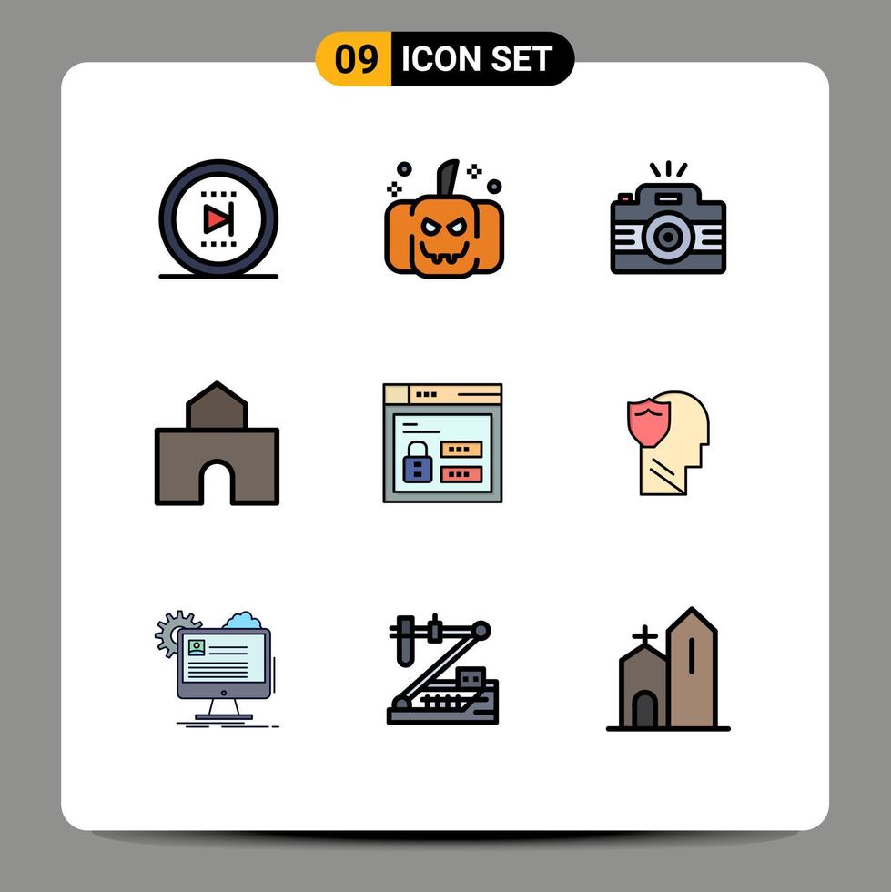 Group of 9 Filledline Flat Colors Signs and Symbols for browser landmark photography fortress architecture Editable Vector Design Elements