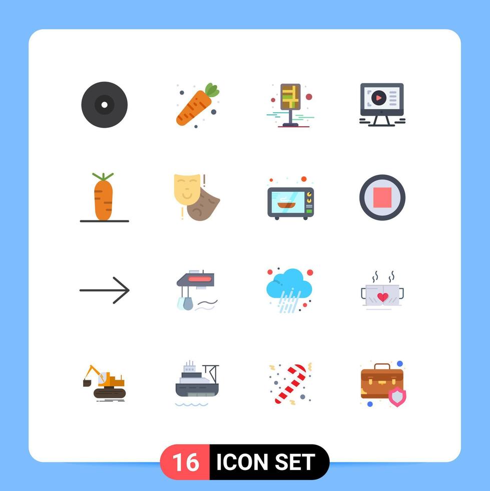Group of 16 Flat Colors Signs and Symbols for food design destination video monitor Editable Pack of Creative Vector Design Elements