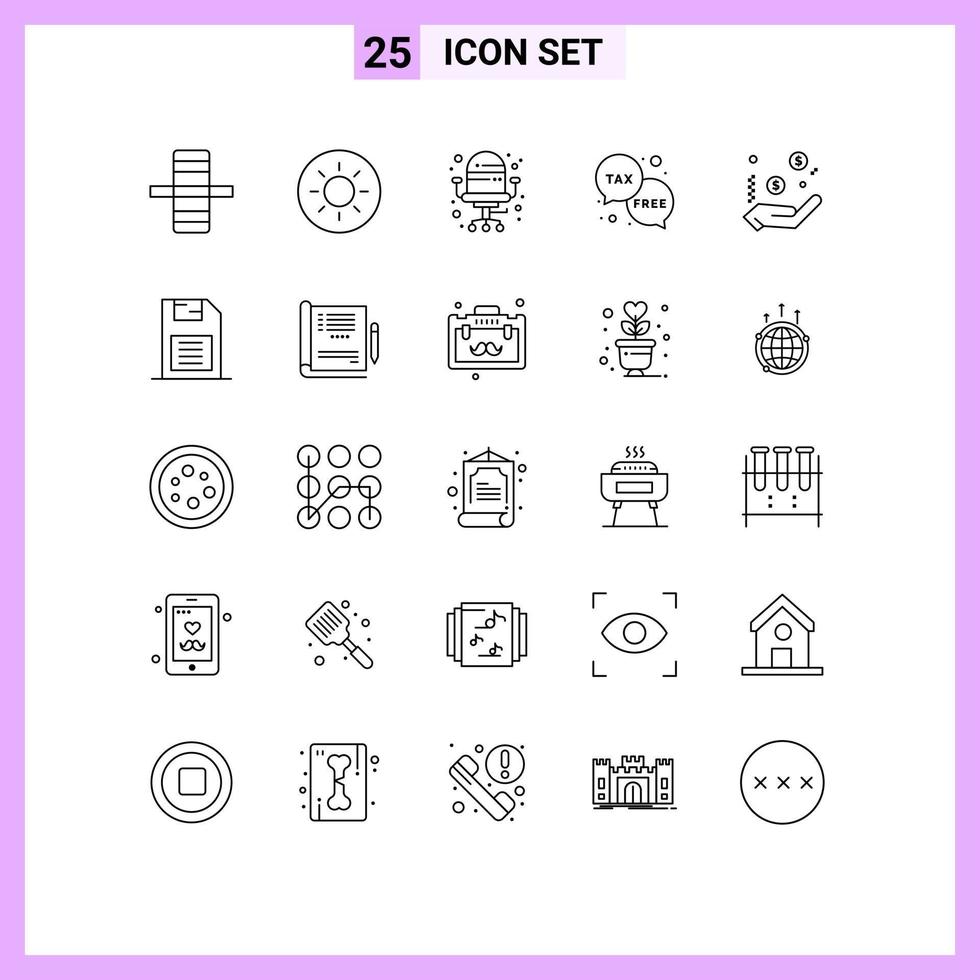 Pictogram Set of 25 Simple Lines of memory card hand duty dollar tax Editable Vector Design Elements