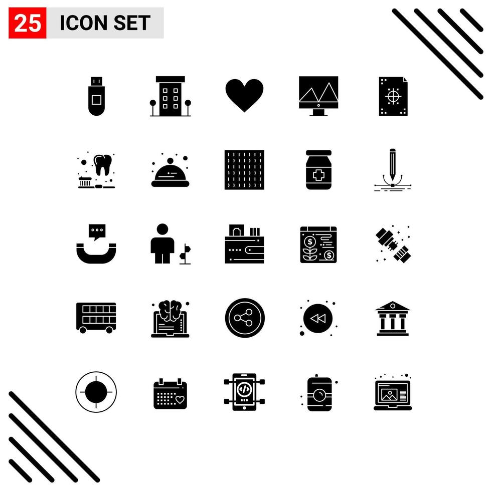 25 User Interface Solid Glyph Pack of modern Signs and Symbols of development coding love graph analytics Editable Vector Design Elements