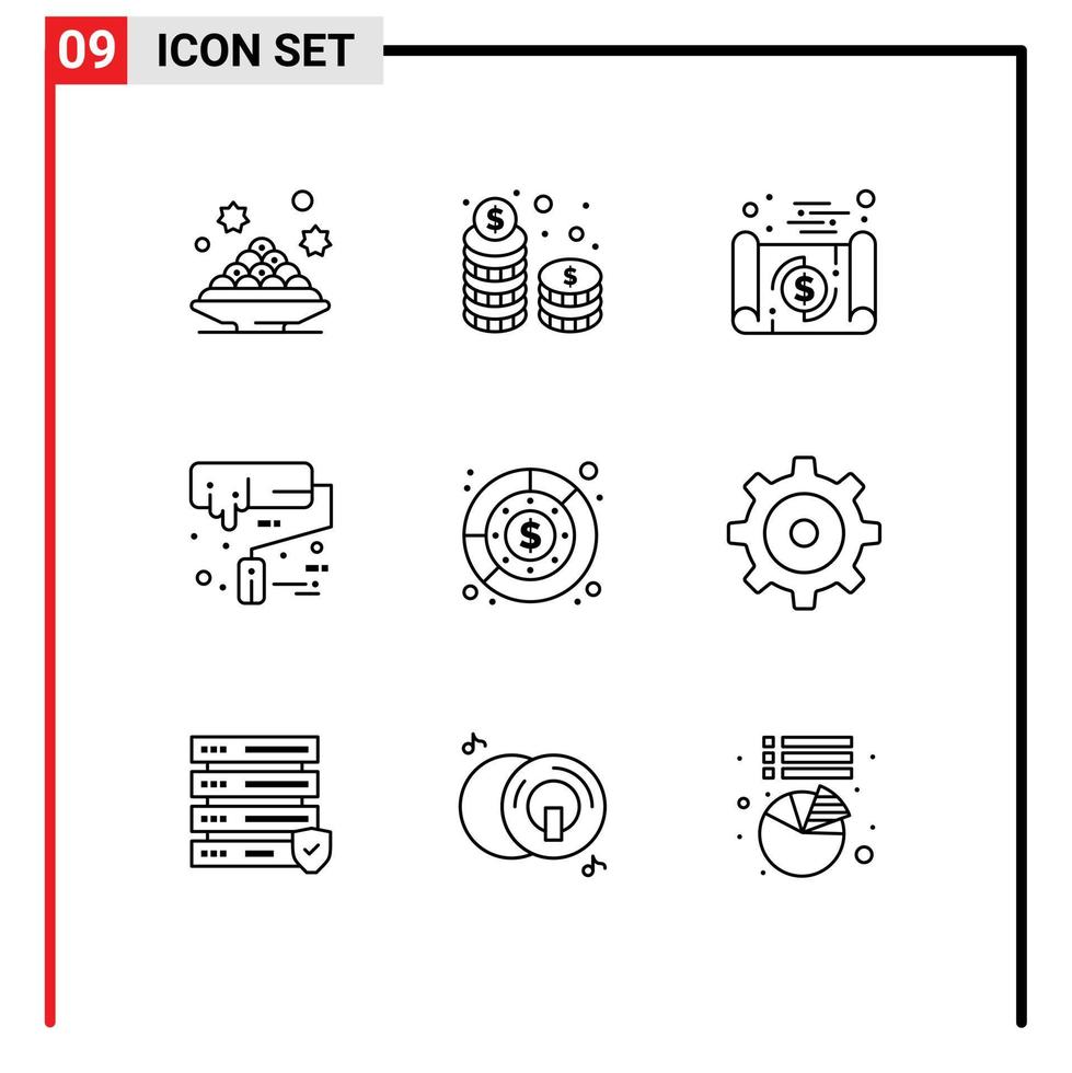 paquete de 9 signos y símbolos de contornos modernos para medios de impresión web, como elementos de diseño de vectores editables de economía de viajes en efectivo de pincel de rodillo