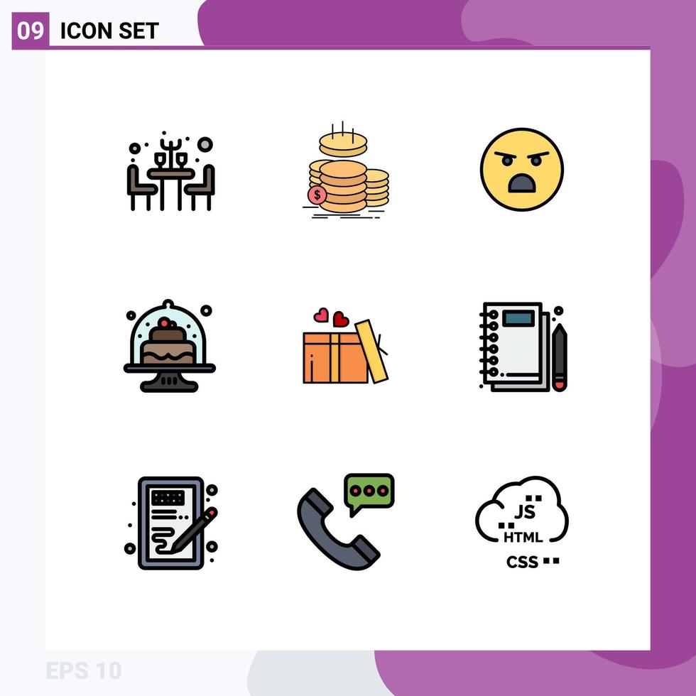 conjunto moderno de 9 colores planos y símbolos de línea de llenado, como pasteles de regalo, pasteles de emoji, elementos de diseño de vectores editables horneados