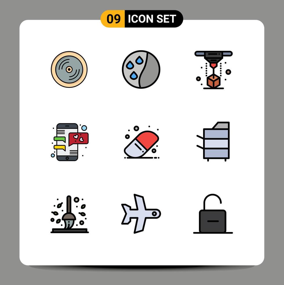 Pack of 9 Modern Filledline Flat Colors Signs and Symbols for Web Print Media such as eraser back to school printer mobile phone conversation Editable Vector Design Elements