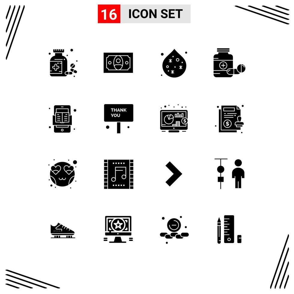 Modern Set of 16 Solid Glyphs and symbols such as online book waste tablet capsule Editable Vector Design Elements