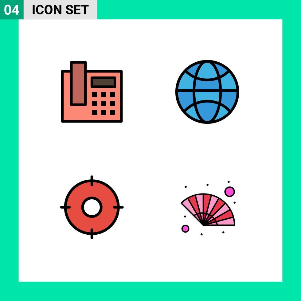 Set of 4 Modern UI Icons Symbols Signs for phone target globe circle hand fan Editable Vector Design Elements