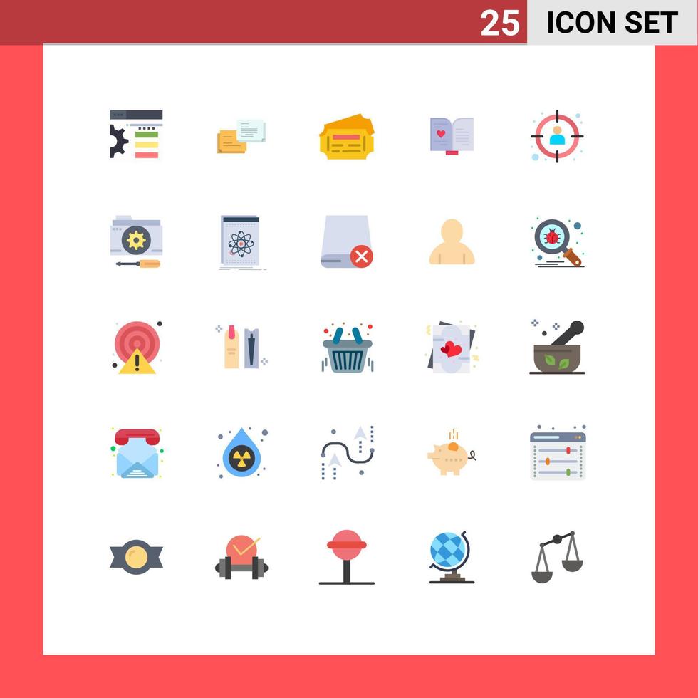 Pictogram Set of 25 Simple Flat Colors of target manager ticket management heart Editable Vector Design Elements