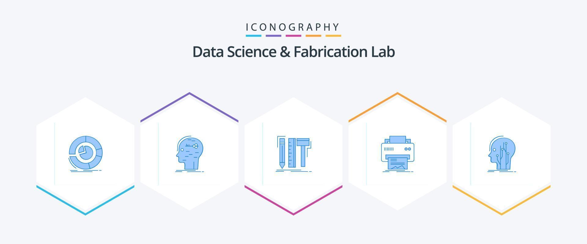 laboratorio de fabricación y ciencia de datos 25 paquete de íconos azules que incluye impresión. digital. llave. lápiz. digital vector