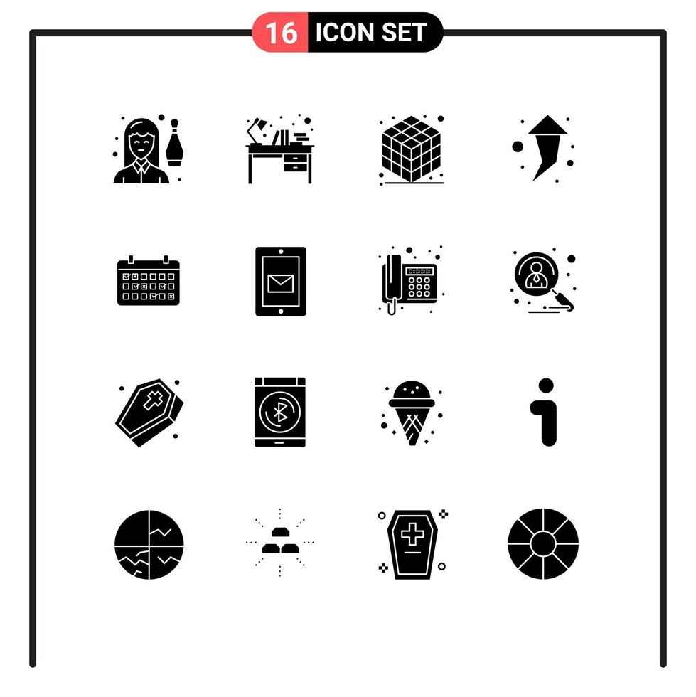 Mobile Interface Solid Glyph Set of 16 Pictograms of date up table right layer Editable Vector Design Elements