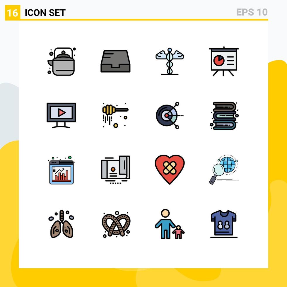 Universal Icon Symbols Group of 16 Modern Flat Color Filled Lines of video monitor medicine presentation analytics Editable Creative Vector Design Elements