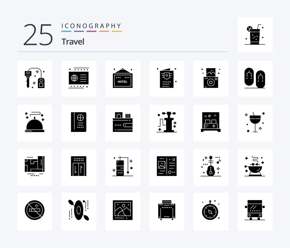 viaje paquete de iconos de 25 glifos sólidos que incluye viajes. cámara. hotel. viajar. pasaporte vector