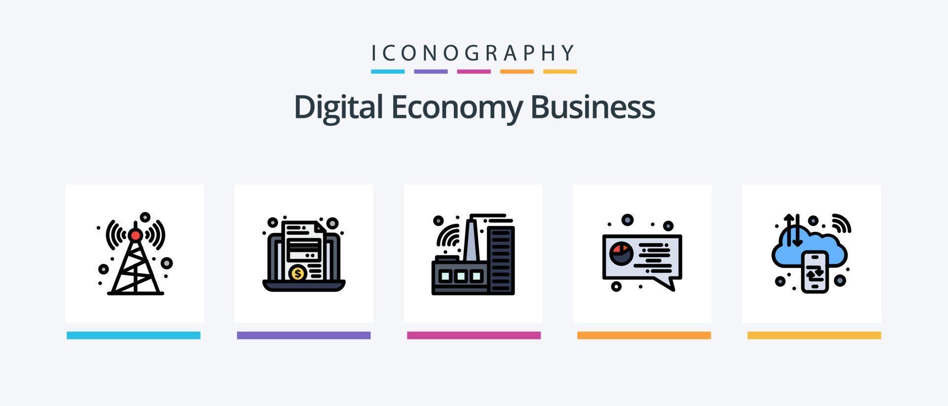 Digital Economy Business Line Filled 5 Icon Pack Including computing. business. money. tower. communication tower. Creative Icons Design vector