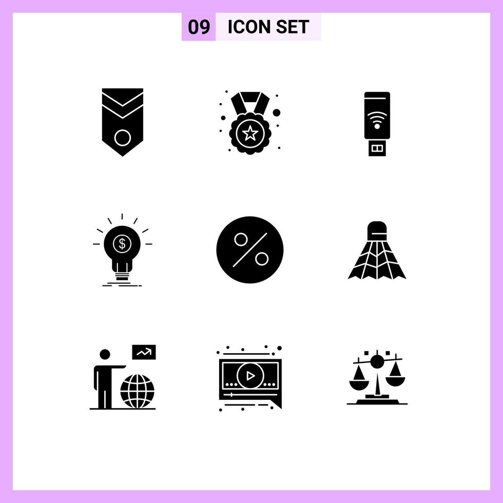 Pack of 9 creative Solid Glyphs of startup idea badge financial signal Editable Vector Design Elements