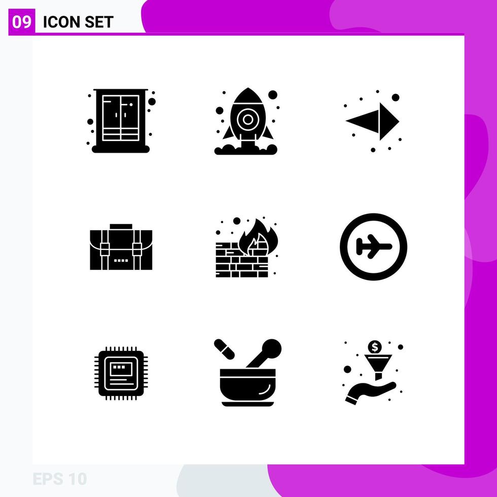 Solid Glyph Pack of 9 Universal Symbols of security fire arrow office bag Editable Vector Design Elements