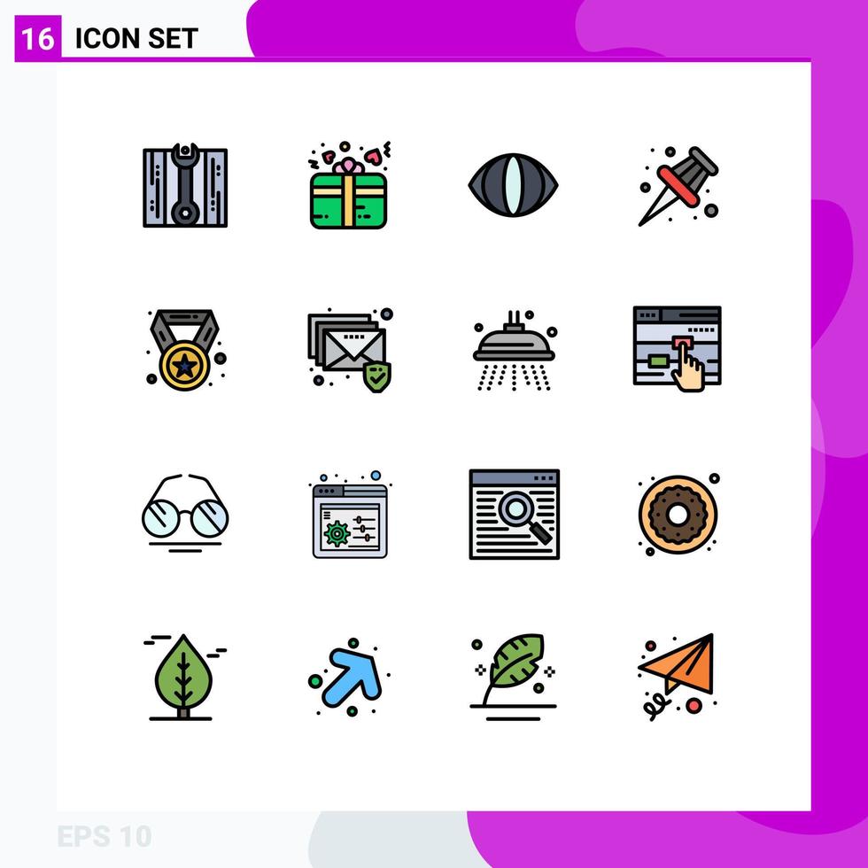Pack of 16 Modern Flat Color Filled Lines Signs and Symbols for Web Print Media such as email champion face award school Editable Creative Vector Design Elements