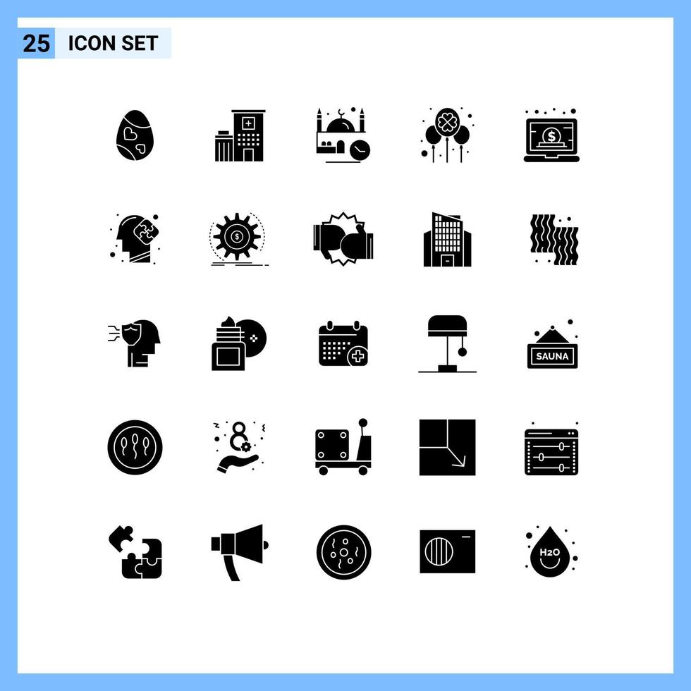 Mobile Interface Solid Glyph Set of 25 Pictograms of festival celebrate medical balloon pray Editable Vector Design Elements