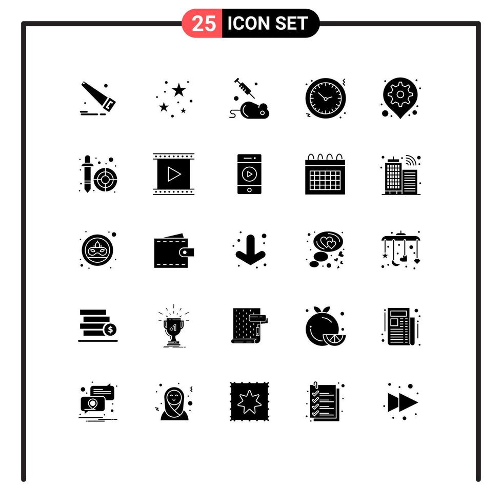 Group of 25 Solid Glyphs Signs and Symbols for gps watch laboratory time clock Editable Vector Design Elements