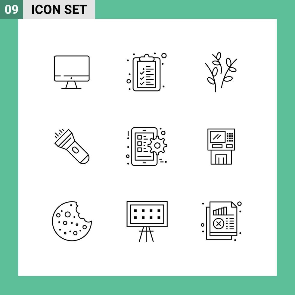 9 Universal Outlines Set for Web and Mobile Applications setting gear catkin flash light Editable Vector Design Elements