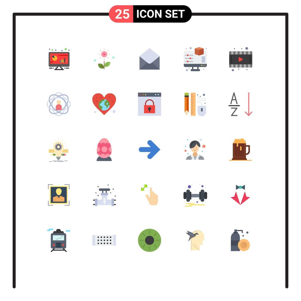 Mobile Interface Flat Color Set of 25 Pictograms of film preview spring monitor message Editable Vector Design Elements
