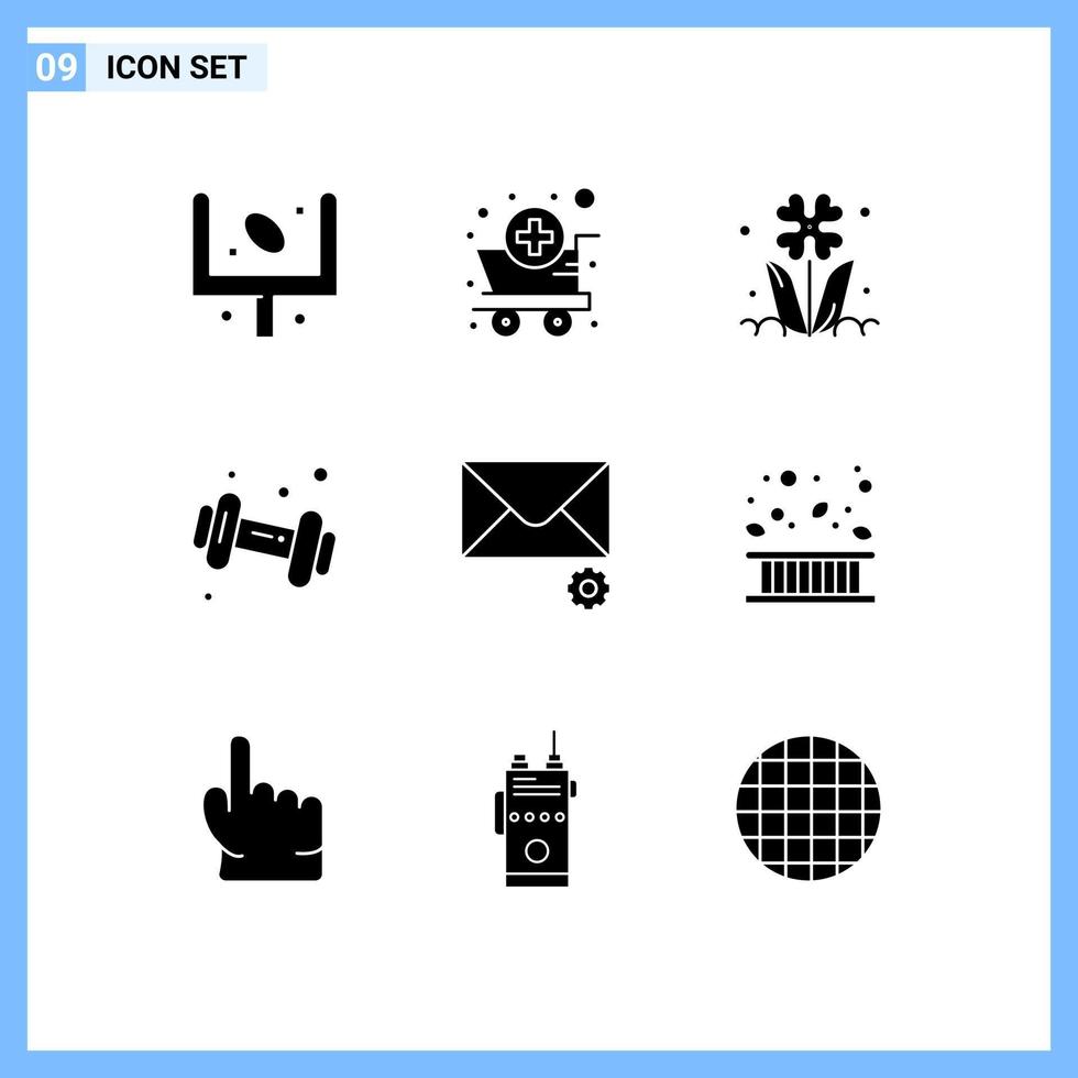 Pack of 9 creative Solid Glyphs of gym dumbbell supplies diet nature Editable Vector Design Elements
