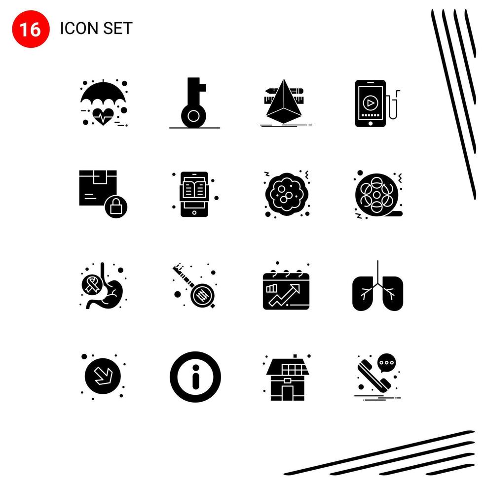 Group of 16 Solid Glyphs Signs and Symbols for box cell security mobile tools Editable Vector Design Elements