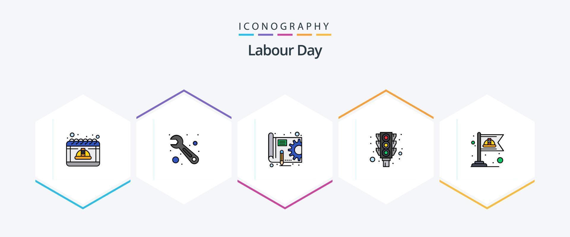 Labour Day 25 FilledLine icon pack including flag. stop. blue print. traffic. light vector