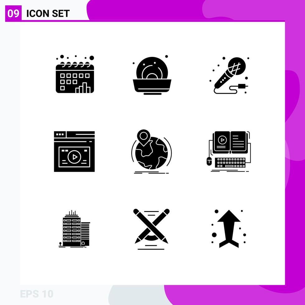 Group of 9 Modern Solid Glyphs Set for location website microphone web internet Editable Vector Design Elements