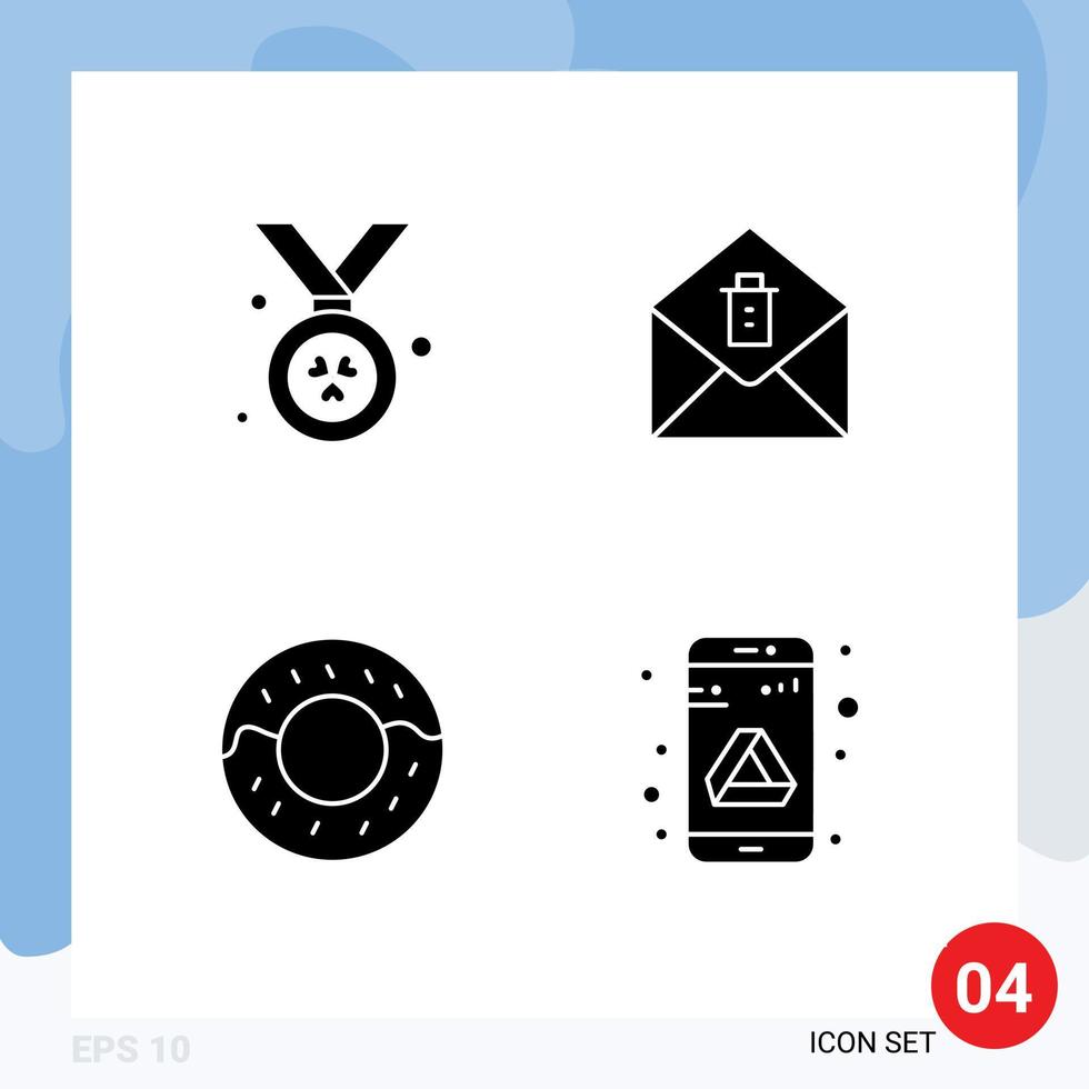 paquete de 4 signos y símbolos de glifos sólidos modernos para medios de impresión web, como elementos de diseño de vectores editables de almacenamiento de donas de correo de unidad de premio