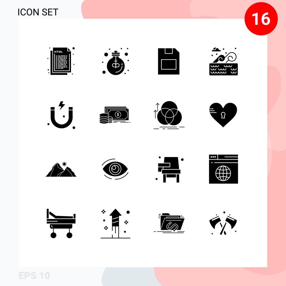 Modern Set of 16 Solid Glyphs Pictograph of holder water park light water storage Editable Vector Design Elements