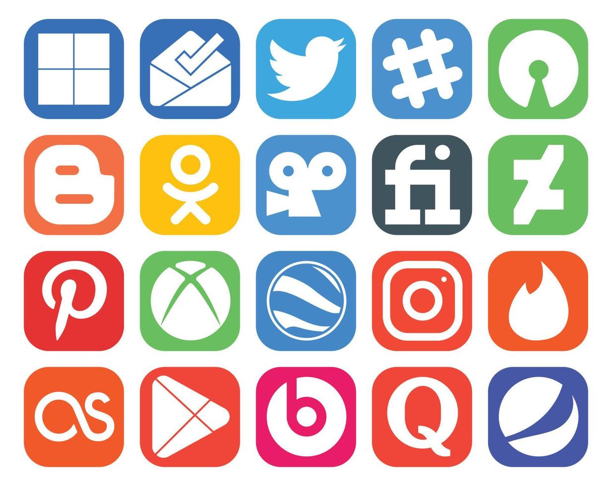 Paquete de 20 íconos de redes sociales que incluye lastfm instagram odnoklassniki google earth pinterest vector