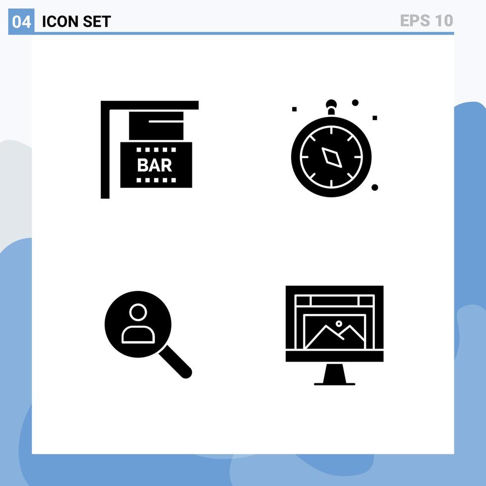 Group of 4 Solid Glyphs Signs and Symbols for bar sign networking compass travel search Editable Vector Design Elements