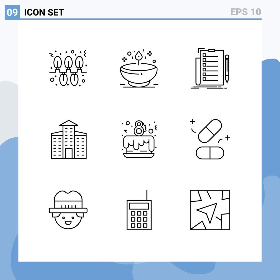 9 Thematic Vector Outlines and Editable Symbols of cake party city light building list Editable Vector Design Elements