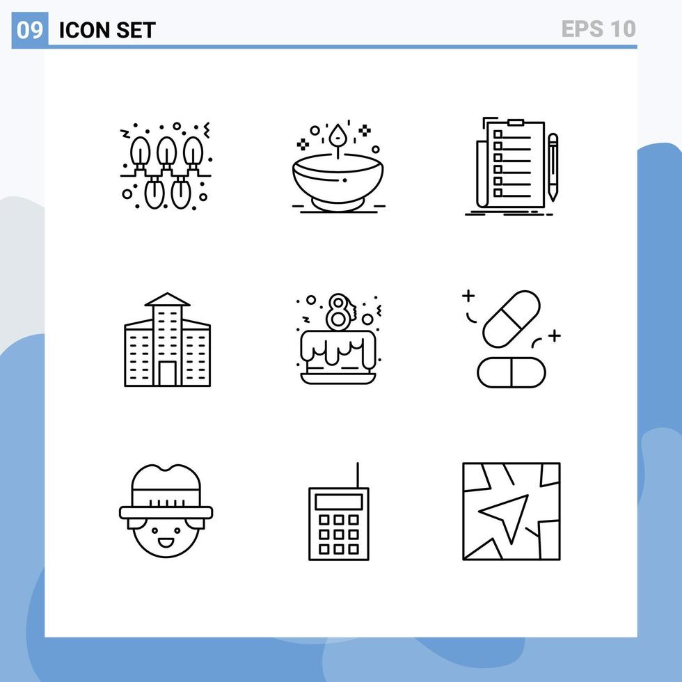 9 contornos vectoriales temáticos y símbolos editables de elementos de diseño vectorial editables de la lista de construcción de luces de la ciudad de la fiesta de la torta vector
