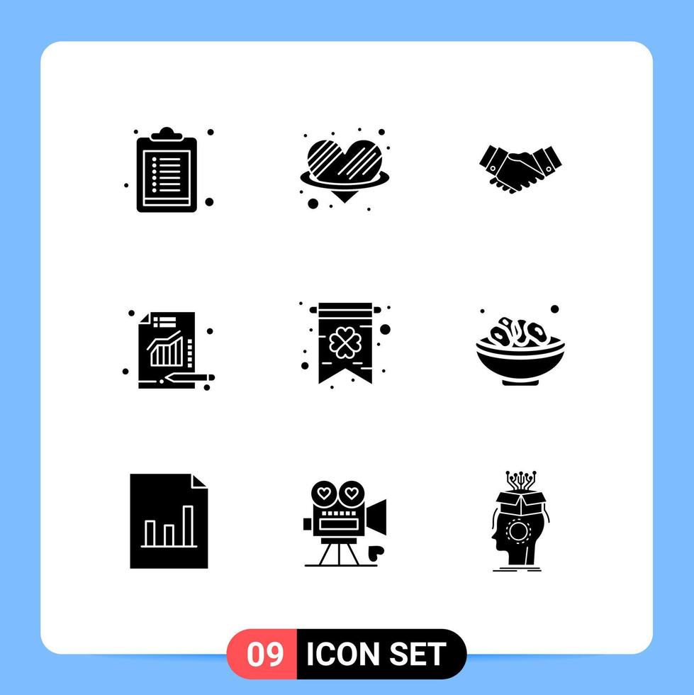 Pack of 9 creative Solid Glyphs of clover chart deal report analytics Editable Vector Design Elements