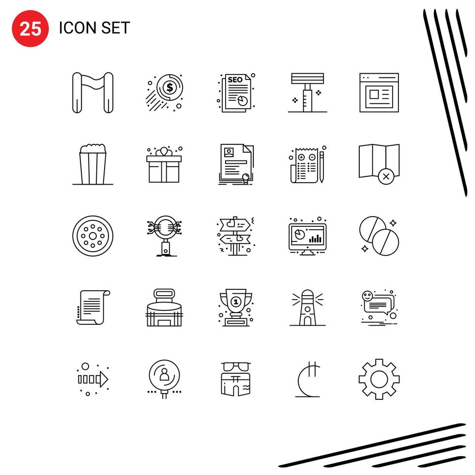 25 iconos creativos, signos y símbolos modernos de contenido de usuario, comunicación seo, navaja, elementos de diseño vectorial editables vector