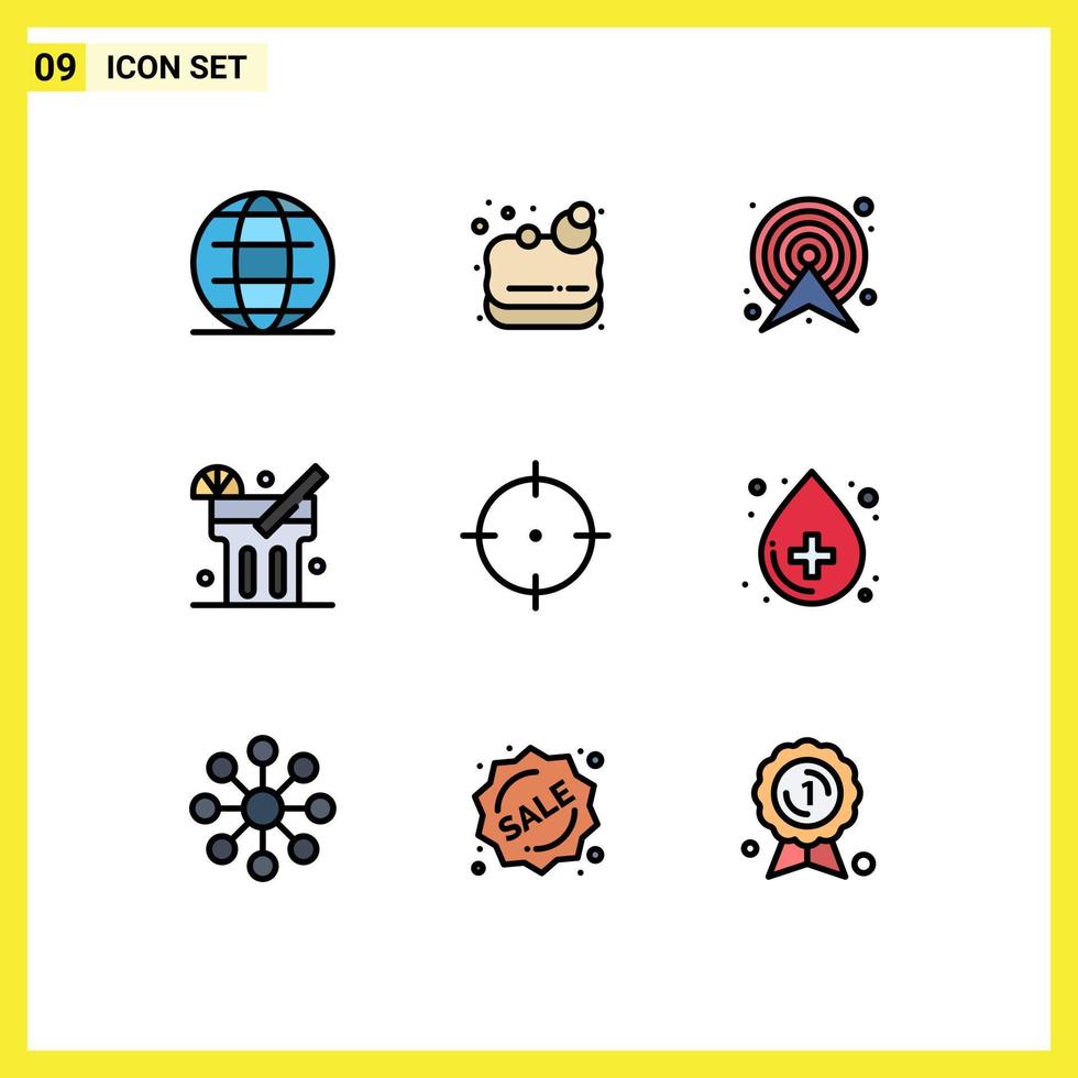 Mobile Interface Filledline Flat Color Set of 9 Pictograms of target aim target food lemonade Editable Vector Design Elements