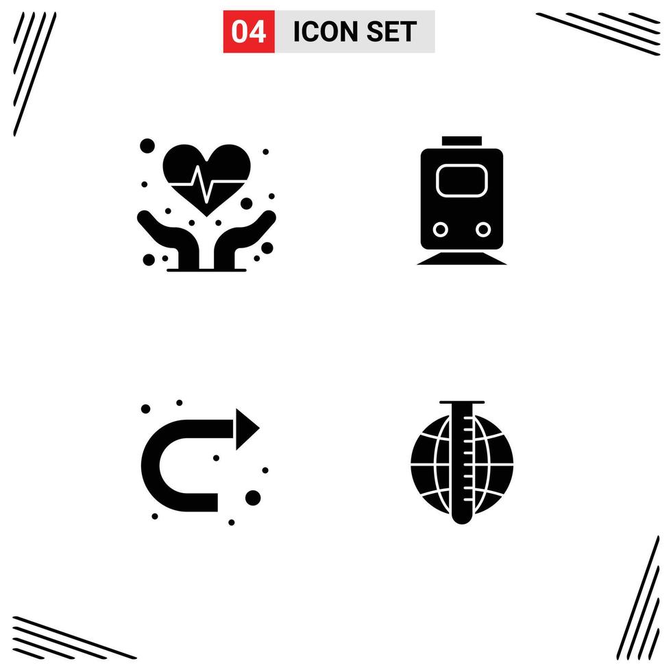 Pack of 4 creative Solid Glyphs of cardiogram sign rail transportation right Editable Vector Design Elements