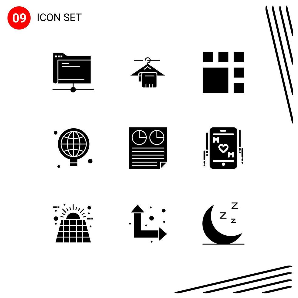 User Interface Pack of 9 Basic Solid Glyphs of data business hotel world layout Editable Vector Design Elements