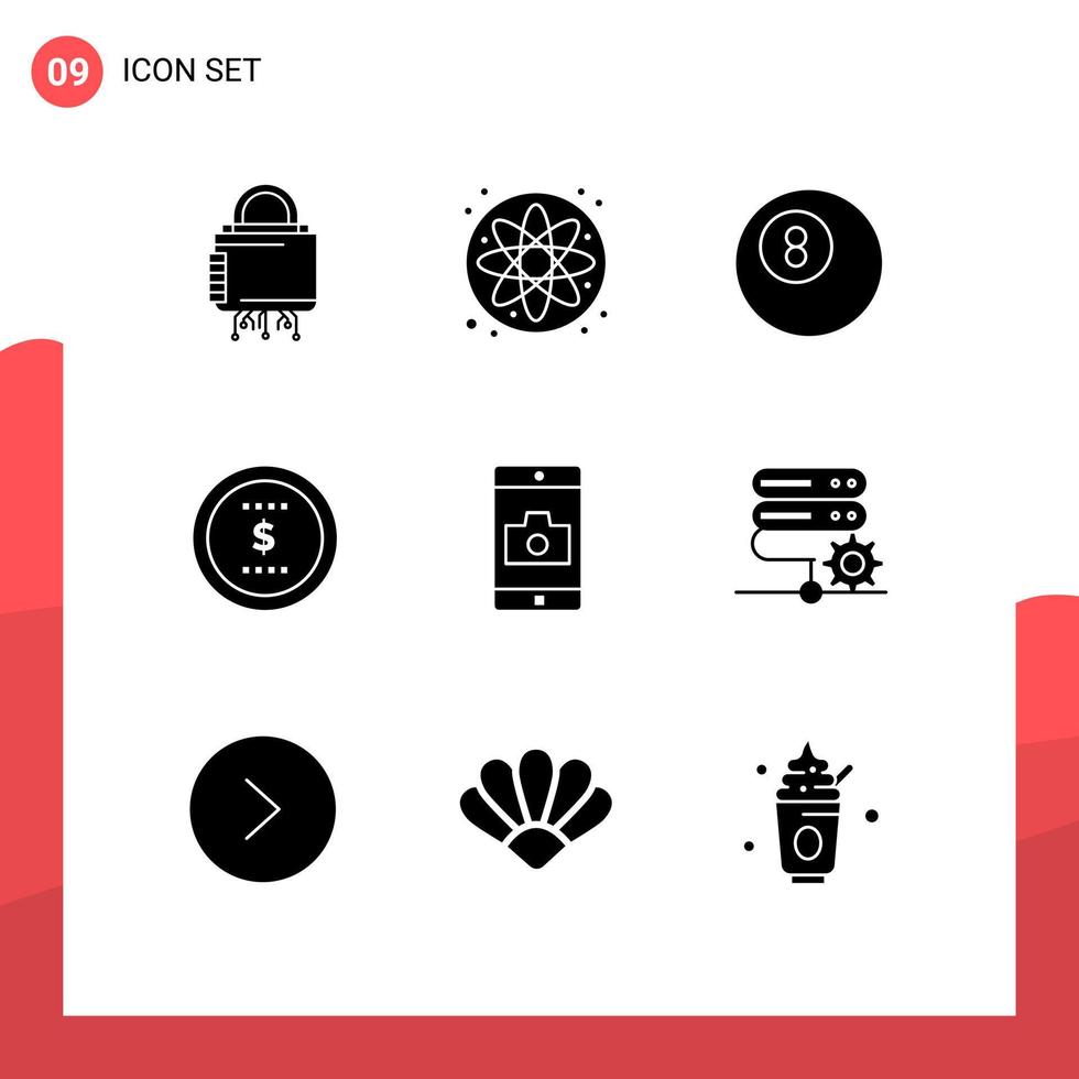 9 Thematic Vector Solid Glyphs and Editable Symbols of camera mobile ball application dollar Editable Vector Design Elements