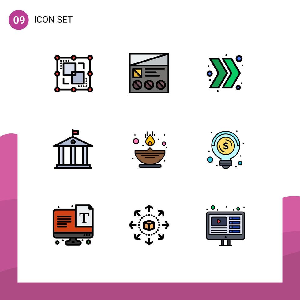 Mobile Interface Filledline Flat Color Set of 9 Pictograms of lamp fire usability money bank Editable Vector Design Elements