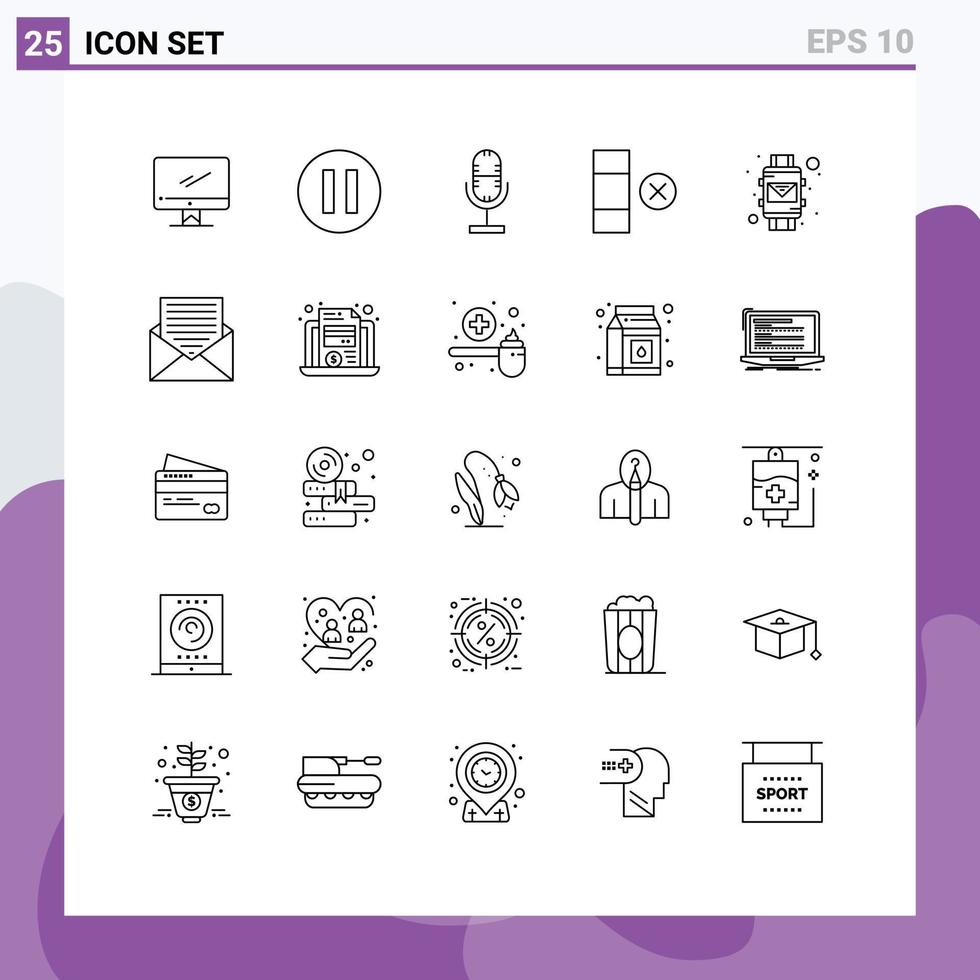 Modern Set of 25 Lines and symbols such as smart watch envelope broadcast email delete Editable Vector Design Elements