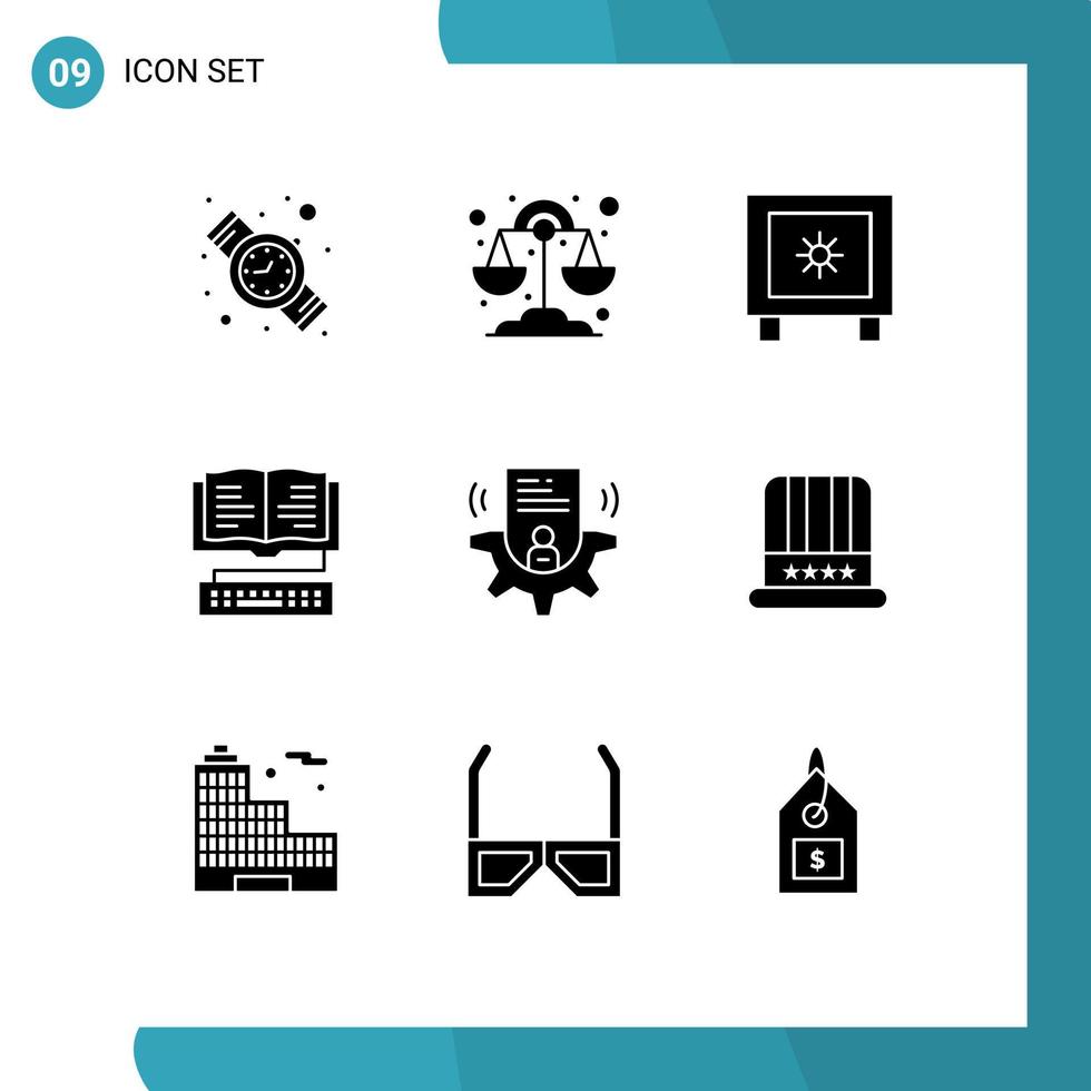 Pack of 9 creative Solid Glyphs of card user global setting knowledge Editable Vector Design Elements