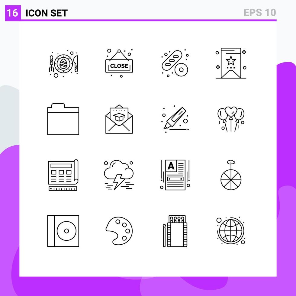 Pictogram Set of 16 Simple Outlines of education storage cake folder tag Editable Vector Design Elements