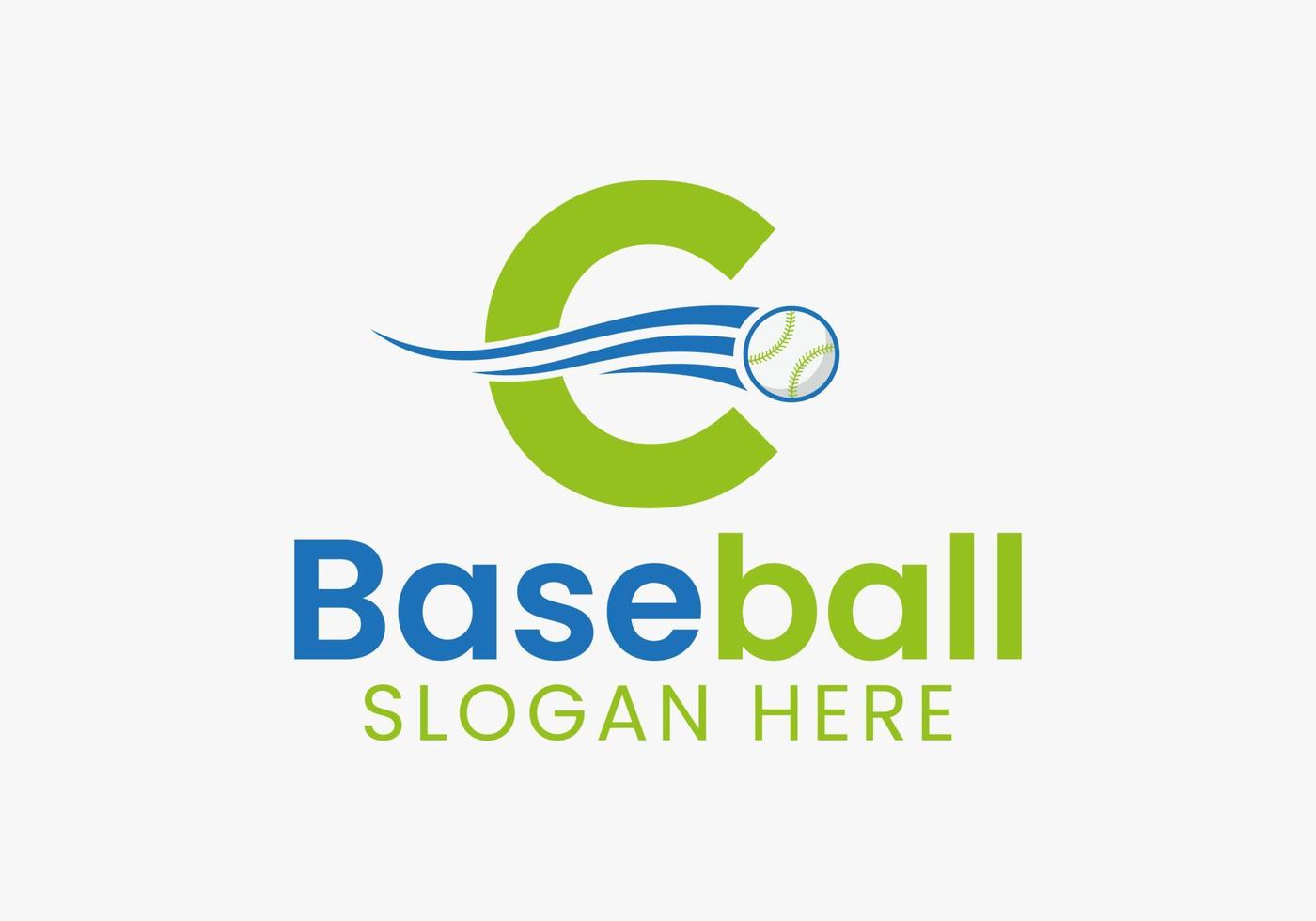 concepto de logotipo de béisbol con letra c con plantilla de icono de béisbol en movimiento vector