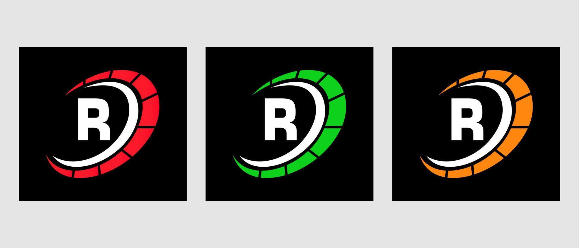 logotipo automotriz de la letra r para el servicio de automóviles, reparación de automóviles con símbolo de velocímetro vector