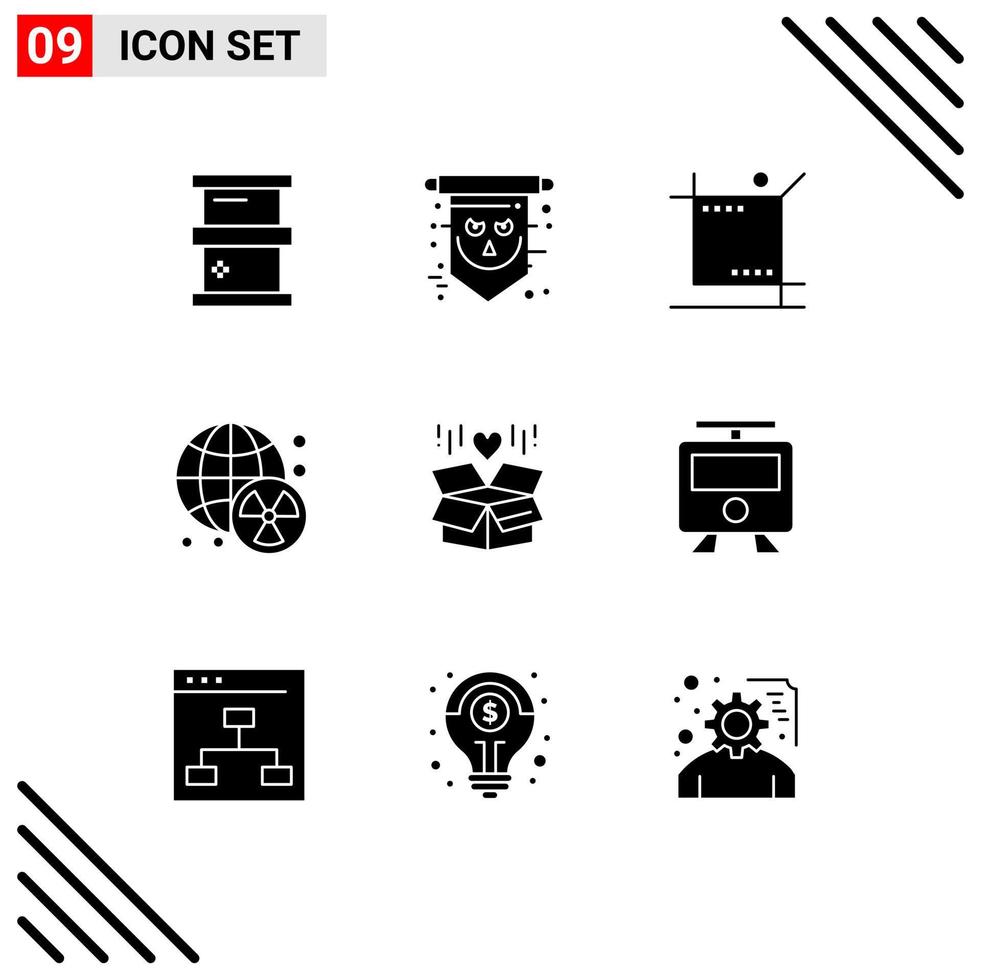 Pack of 9 creative Solid Glyphs of world radioactive spooky nuclear tool Editable Vector Design Elements