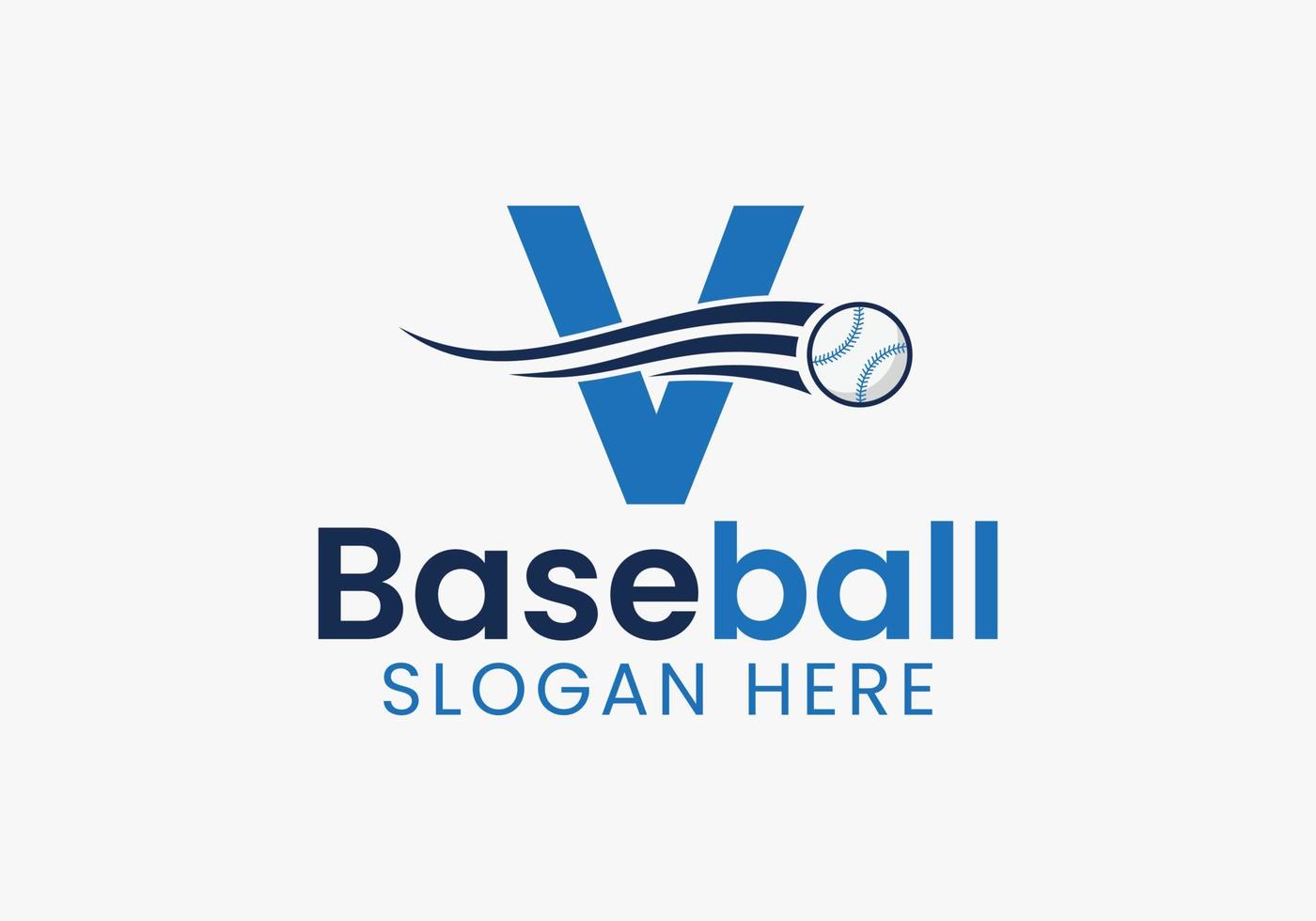 concepto de logotipo de béisbol letra v con plantilla de icono de béisbol en movimiento vector