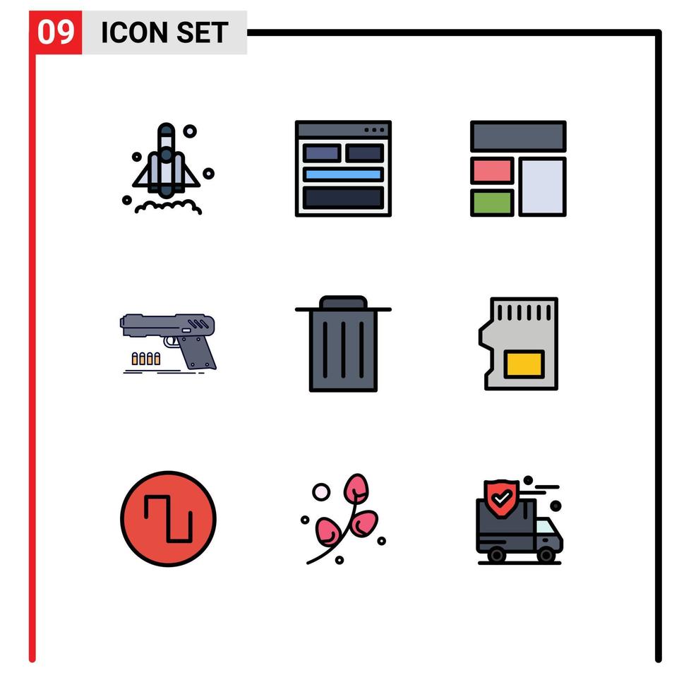 Set of 9 Modern UI Icons Symbols Signs for delete shooter collage pistol gun Editable Vector Design Elements